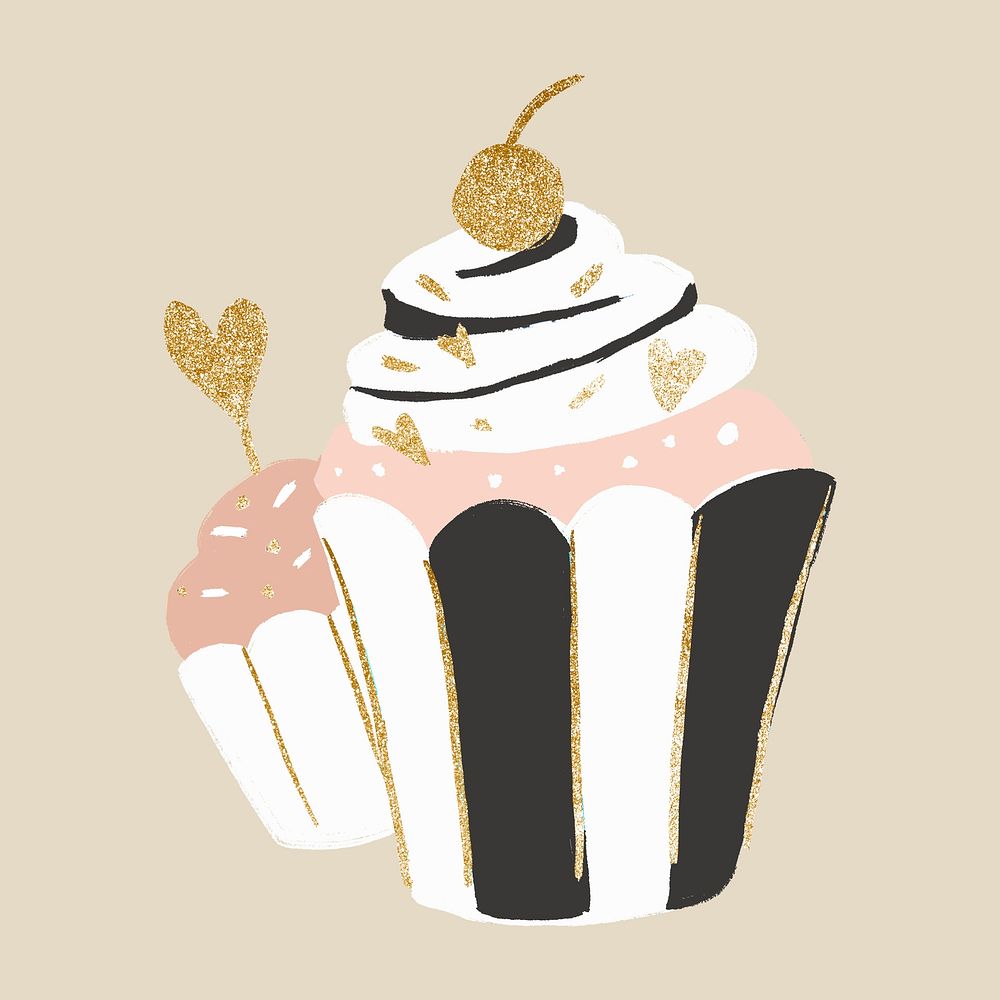 Cupcake, cute pastel pink, glitter gold cherry dessert psd