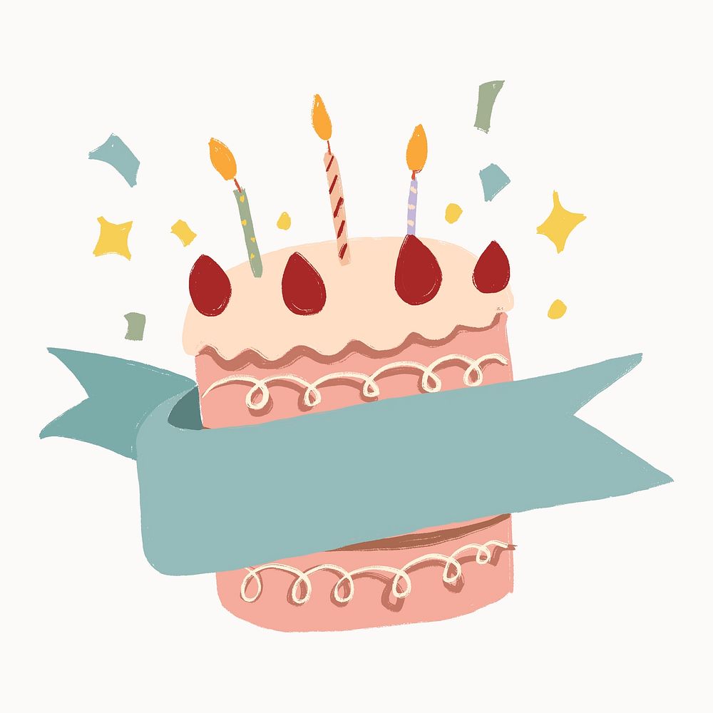 Cute birthday cake sticker, blank ribbon banner design psd