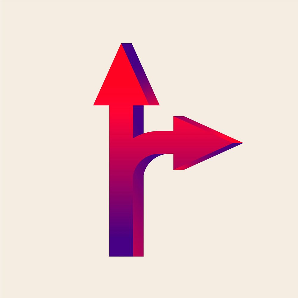 Split arrow sticker, traffic road direction sign in red psd gradient design