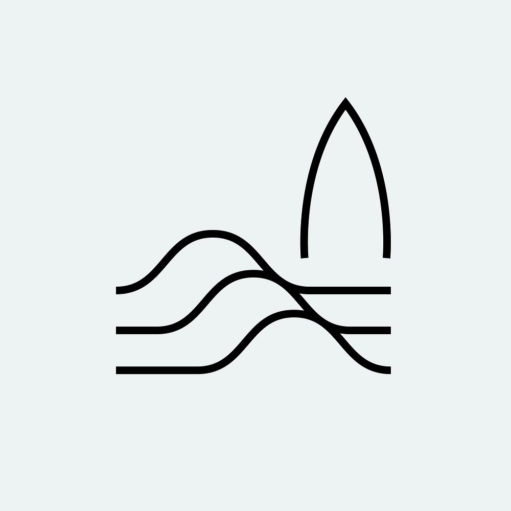 Surfing logo element, summer sports black illustration