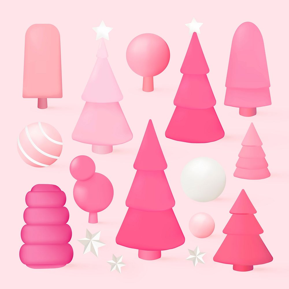 Cute pink Christmas 3D element set vector