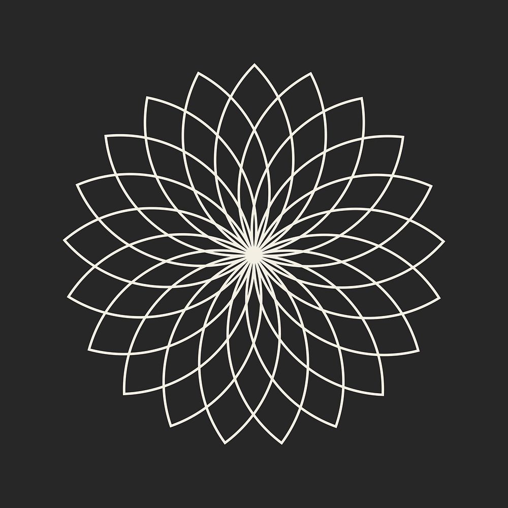 Mandala flower geometric shape graphic on black, psychedelic design