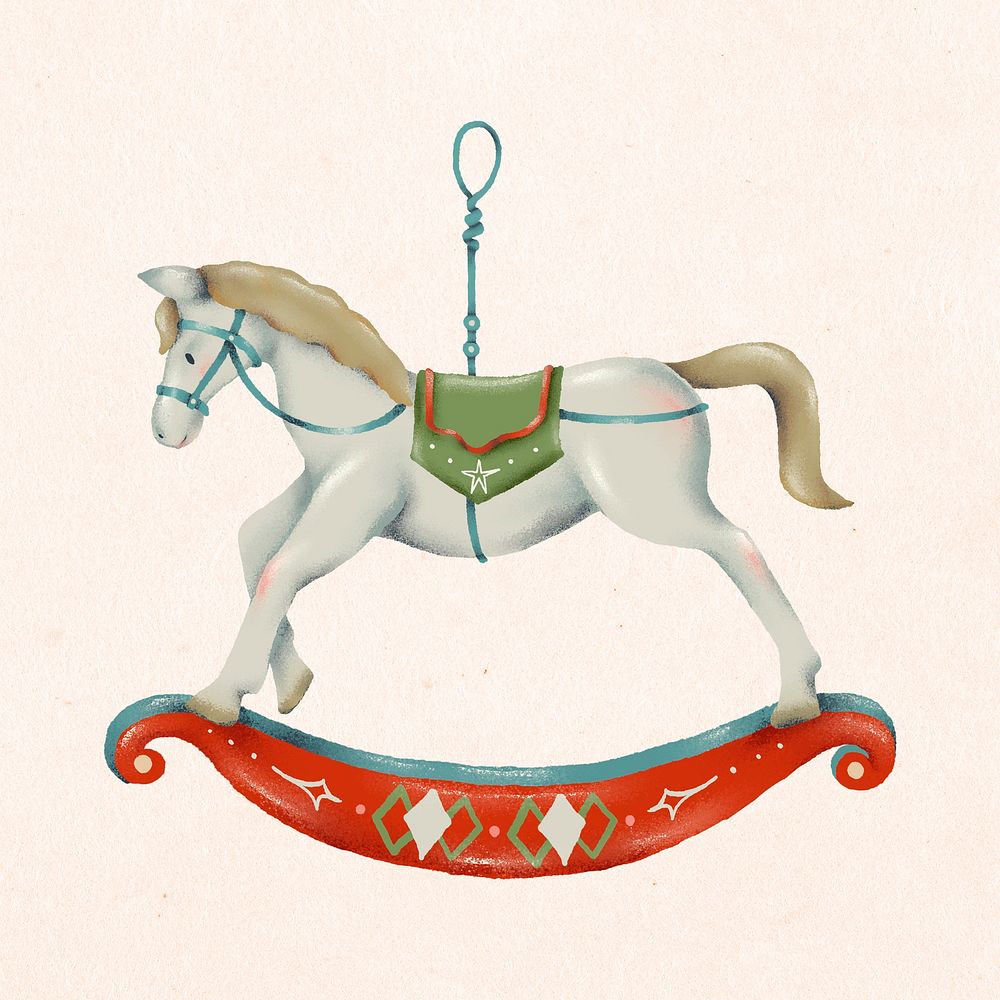 Rocking horse doodle, Christmas ornament hand drawn, cute winter holidays illustration