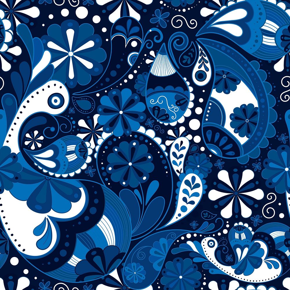 Blue paisley pattern background, Indian floral art vector