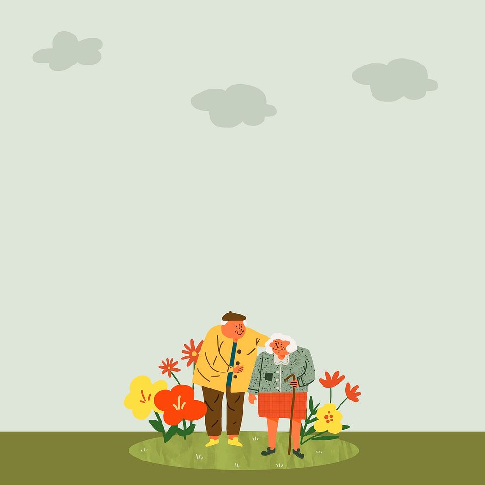 Green border background, old couple doodle with love concept