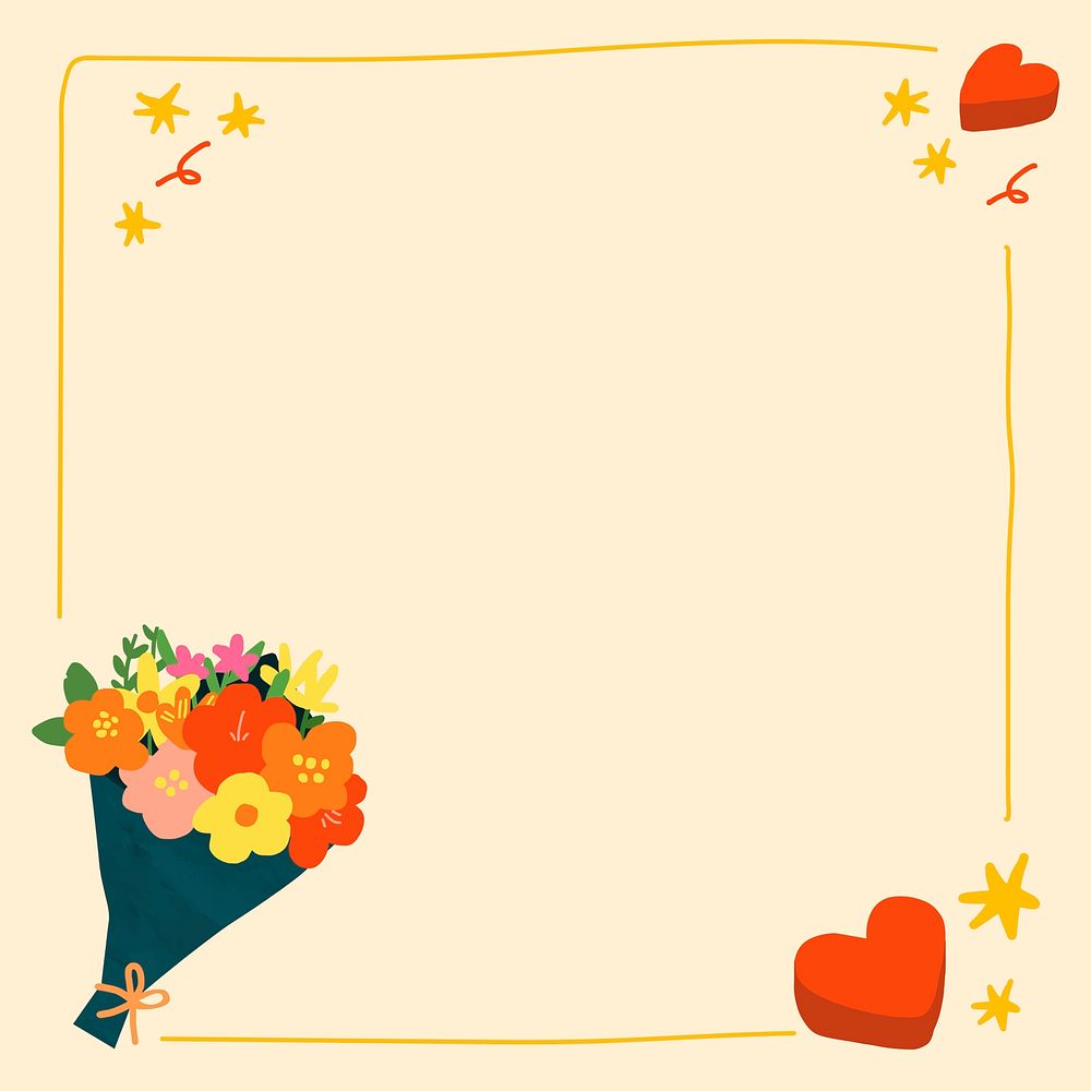 Valentine&rsquo;s frame background, flower bouquet doodle in yellow vector