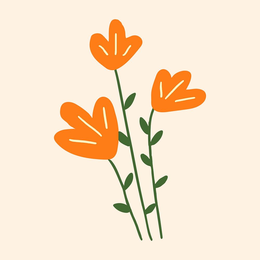 Orange flower clipart, cute doodle illustration