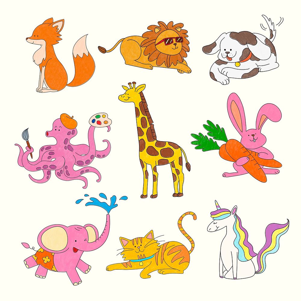 Cute animal sticker, colorful clipart for kids psd set