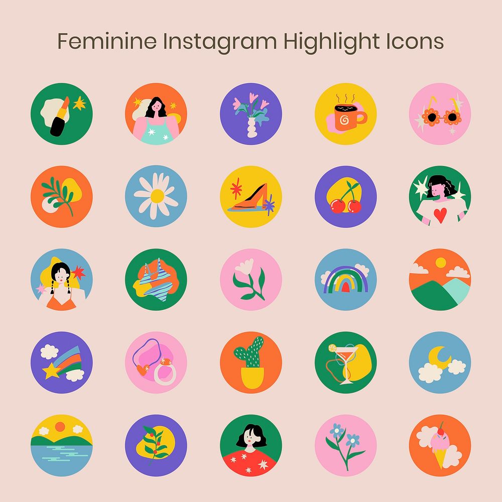 Instagram highlight cover, lifestyle illustration in colorful retro design set