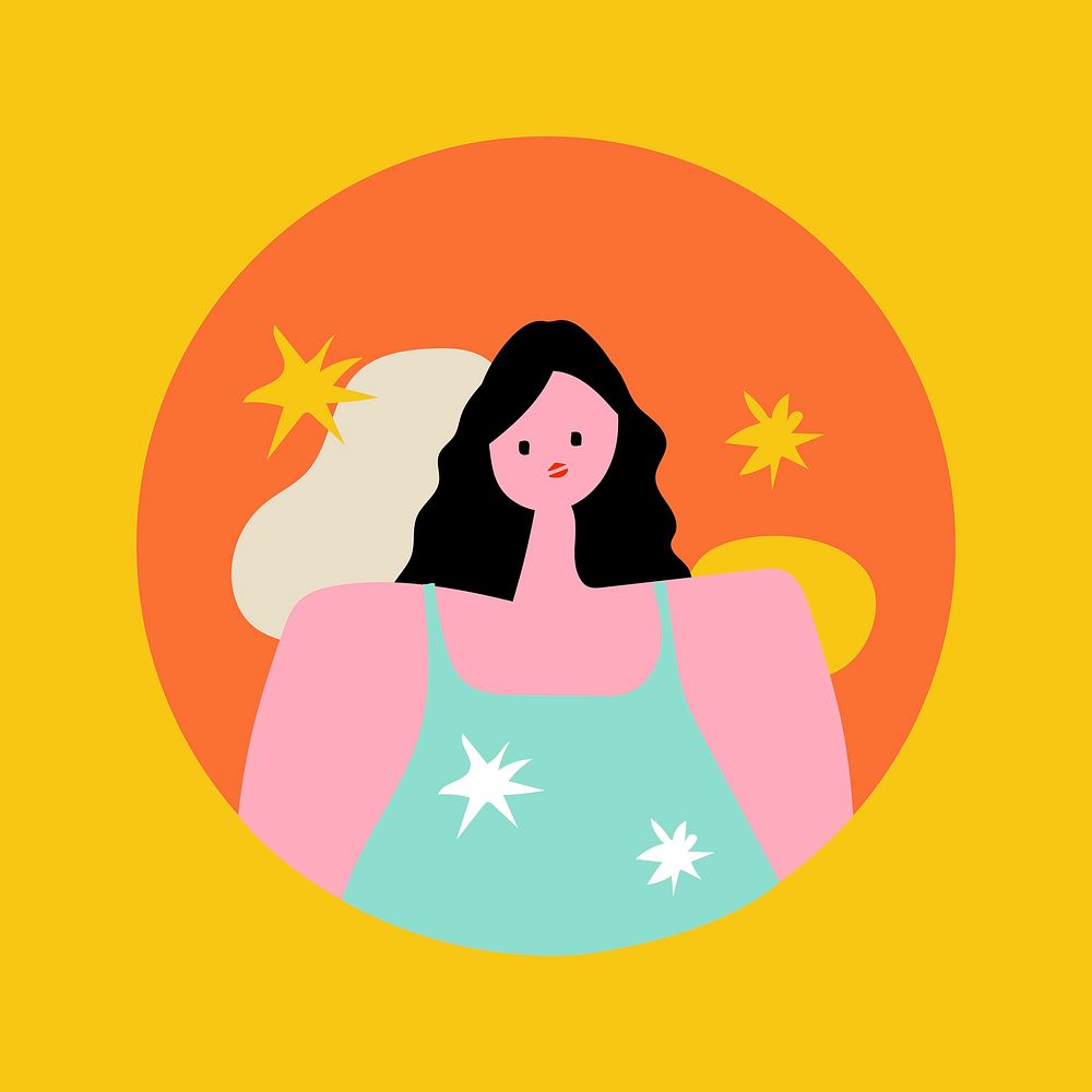 Feminine Instagram highlight cover, woman character sticker retro illustration in colorful design vector