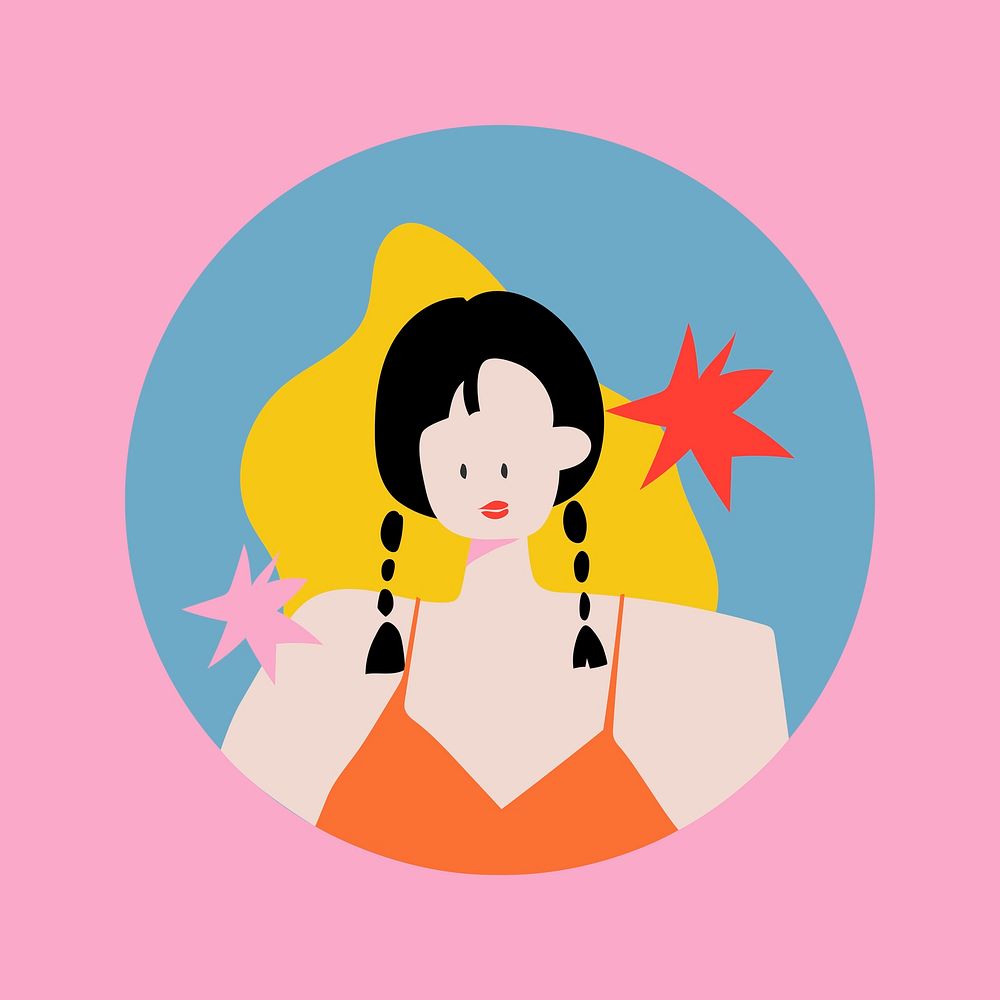 Feminine Instagram highlight cover, woman character sticker retro illustration in colorful design psd