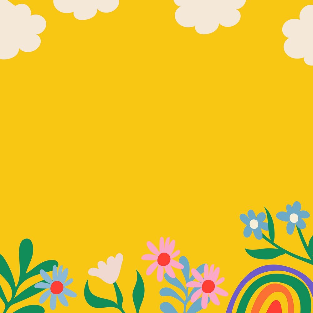 Colorful flower background, cute yellow border, nature doodle in retro design