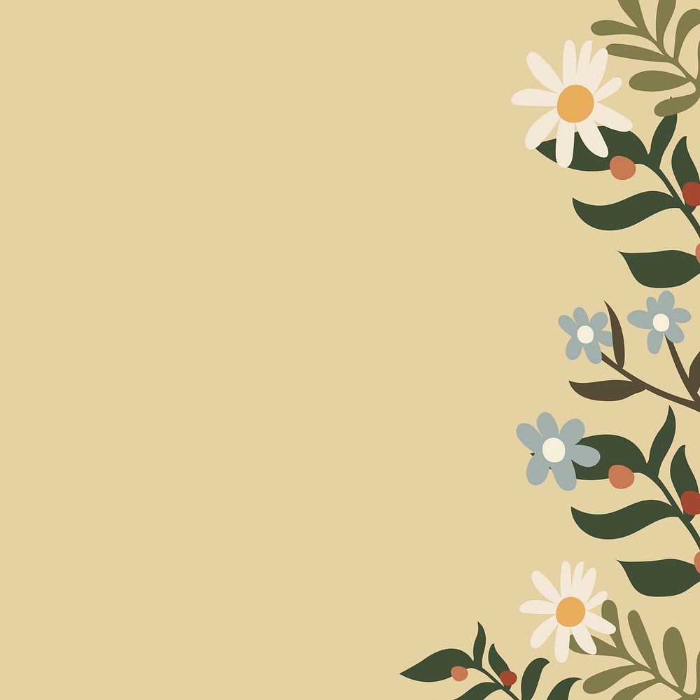 Cream floral background, aesthetic doodle border in earth tone