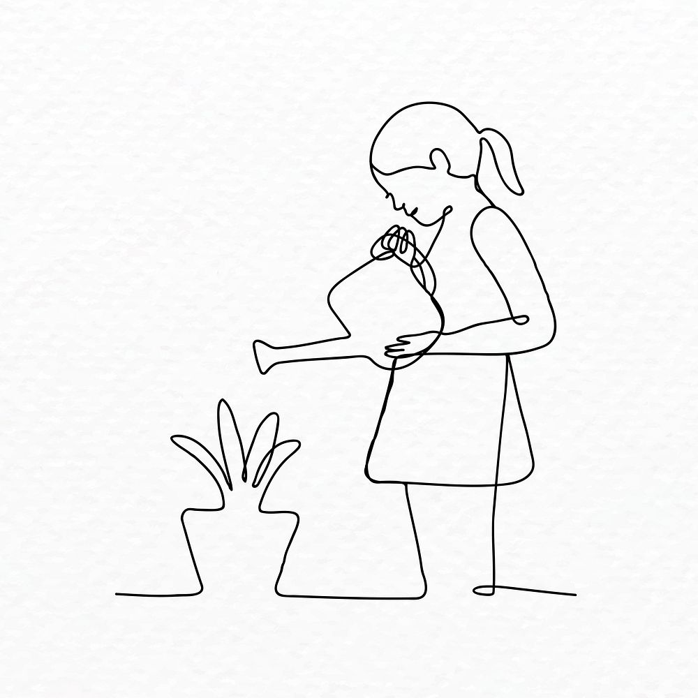 Girl watering plant background, minimal feminine line art, hand drawn graphic
