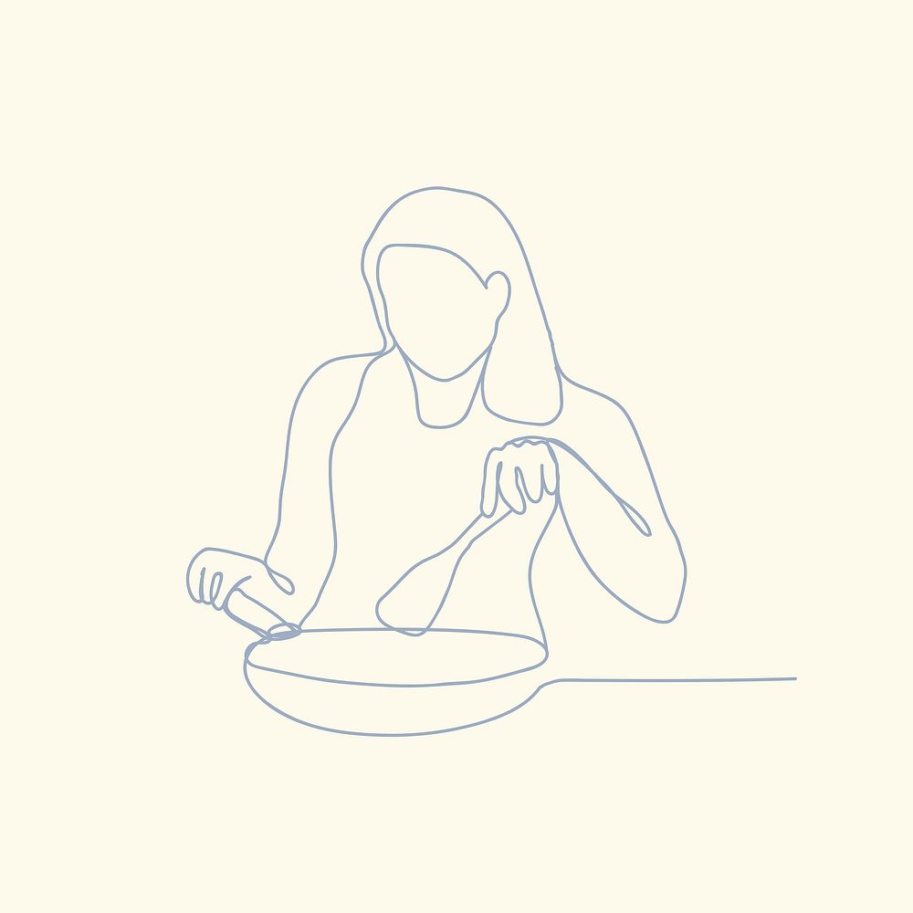 Woman cooking line art, blue monoline art background, graphic illustration