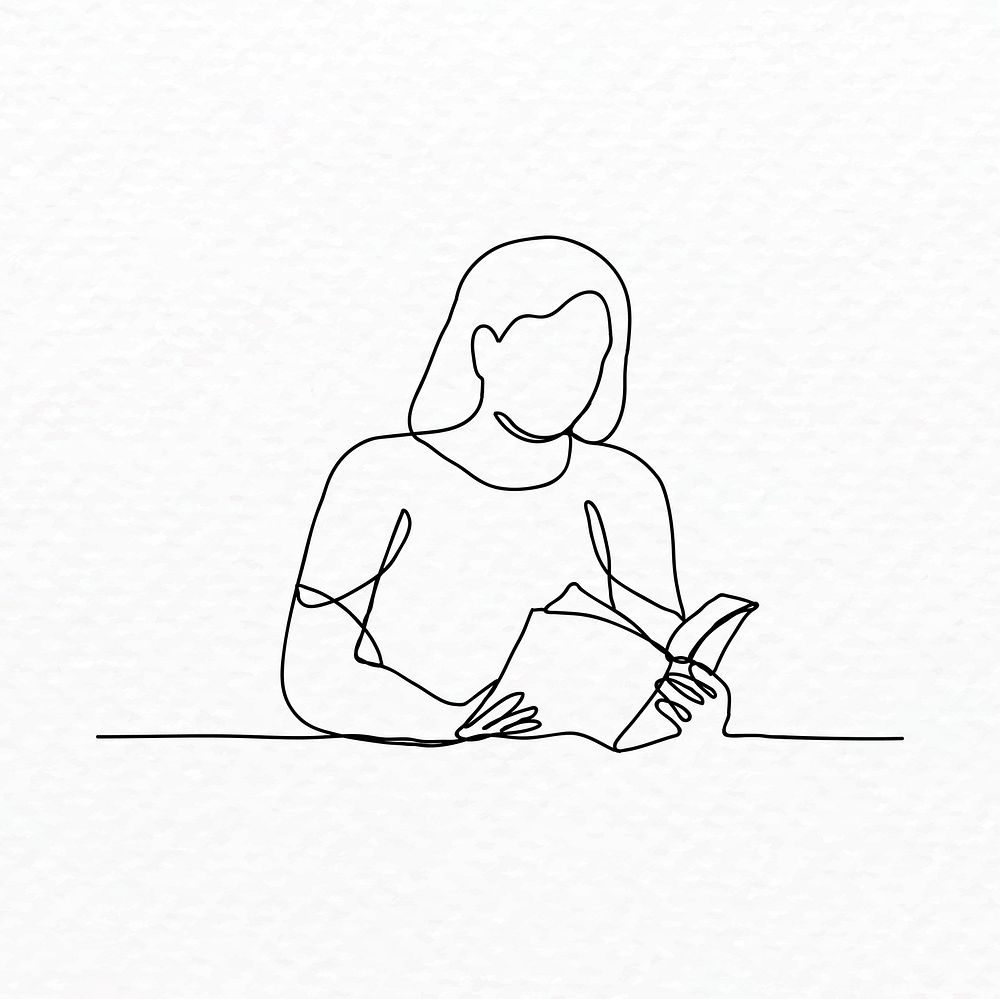 Woman reading illustration, book lover, black line art drawing background
