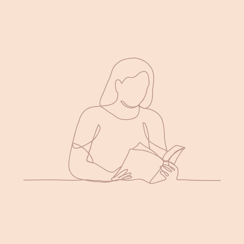 Hobby line art sticker, woman reading a book, simple drawing collage element psd