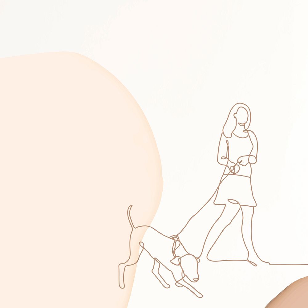 Minimal feminine background, cream simple design, woman walking a dog illustration