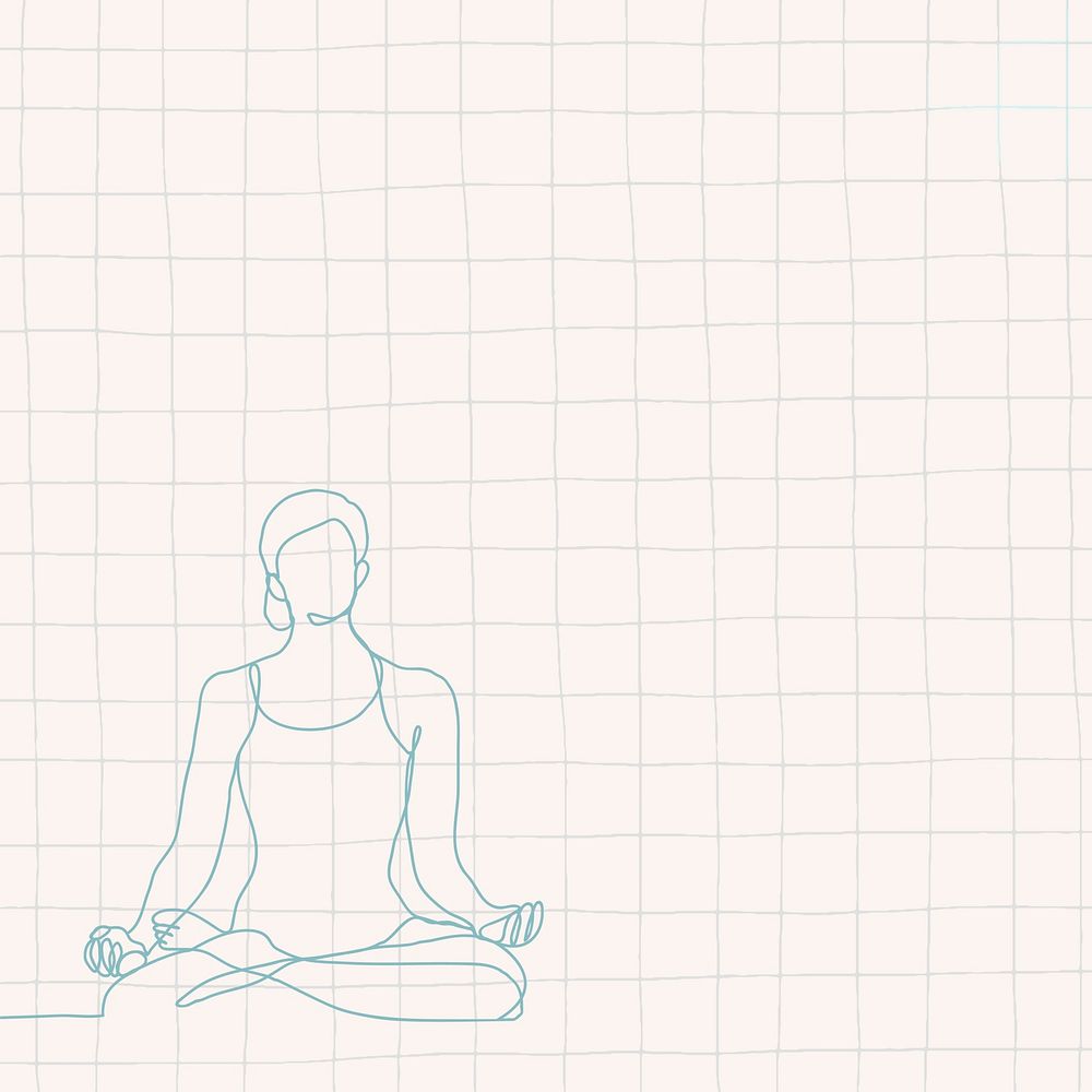 Wellness background, pink grid design, yoga woman line art illustration
