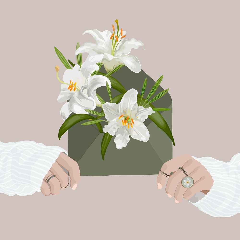 Lily flower background, aesthetic illustration with women&rsquo;s hands
