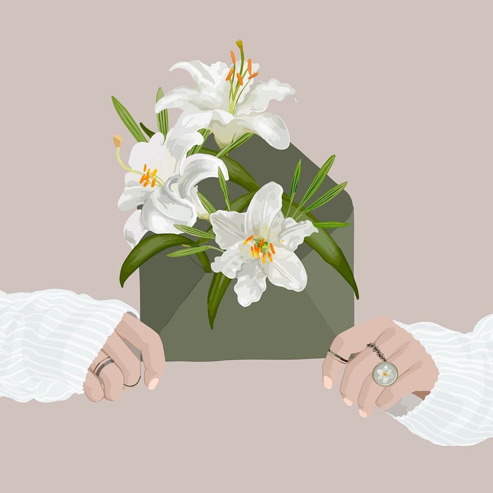 Lily flower background, aesthetic illustration with women’s hands