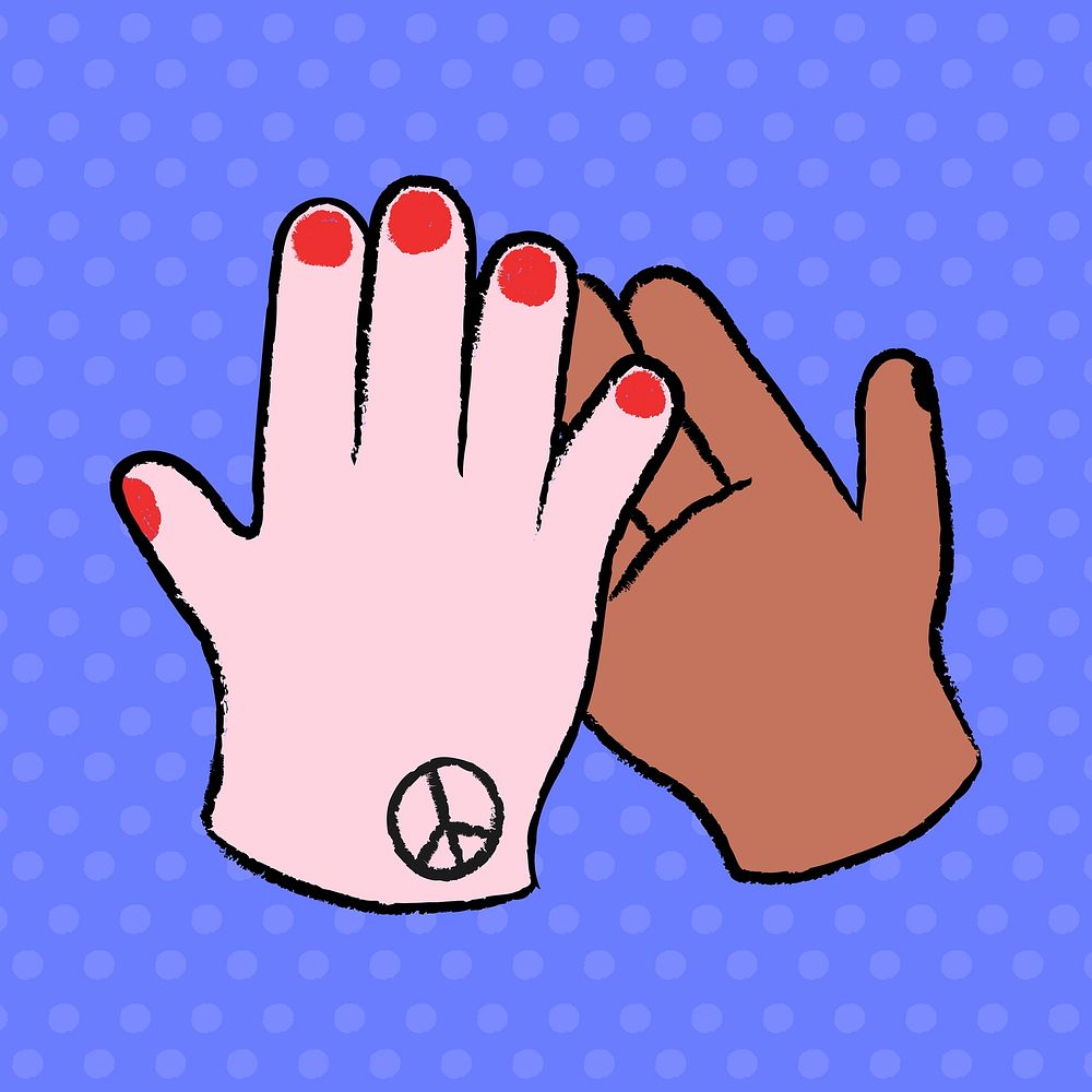Diverse hands high five clipart, gesture illustration with peace symbol  vector