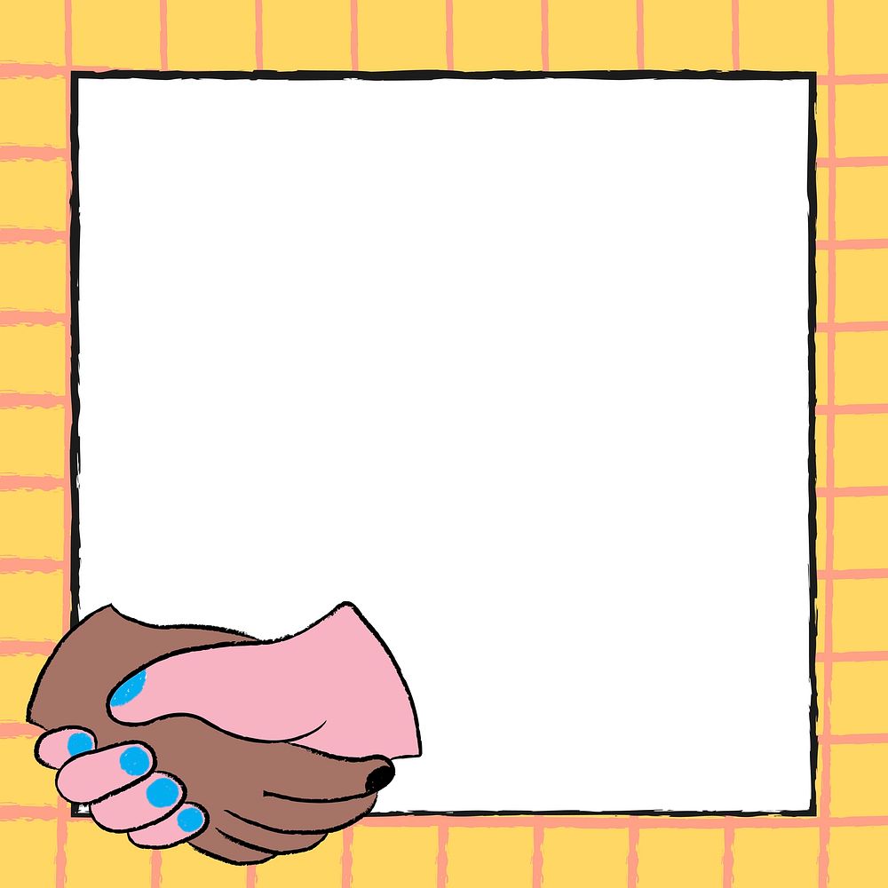 Handshake doodle background, yellow doodle frame with diversity theme vector