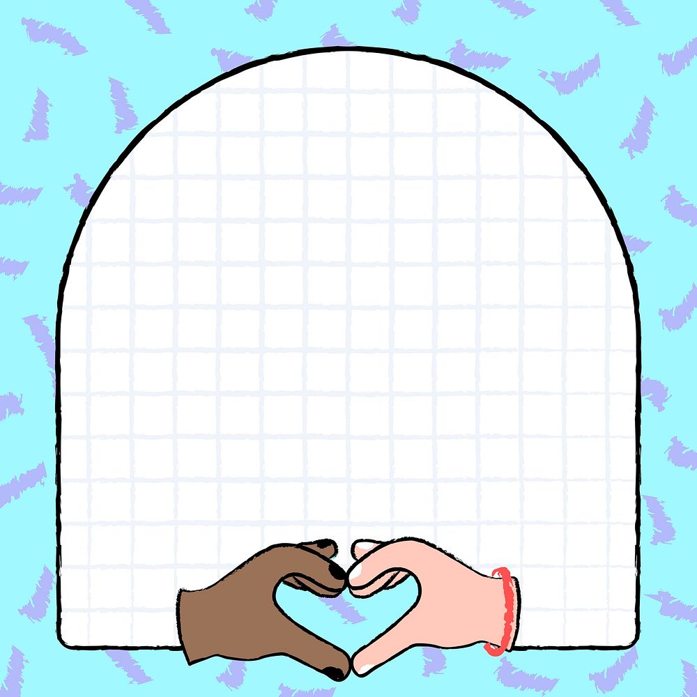 Diversity doodle background, blue funky frame with heart hand vector