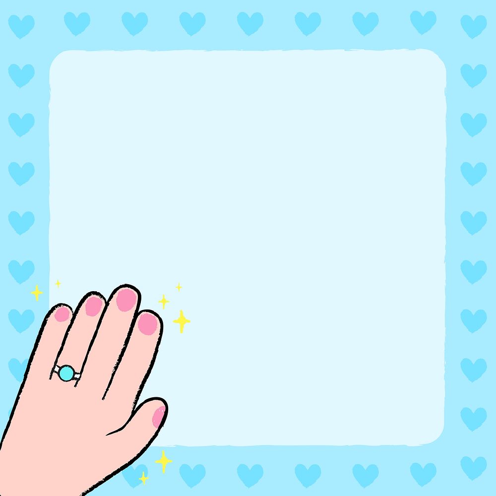 Blue doodle frame background, cute feminine hand