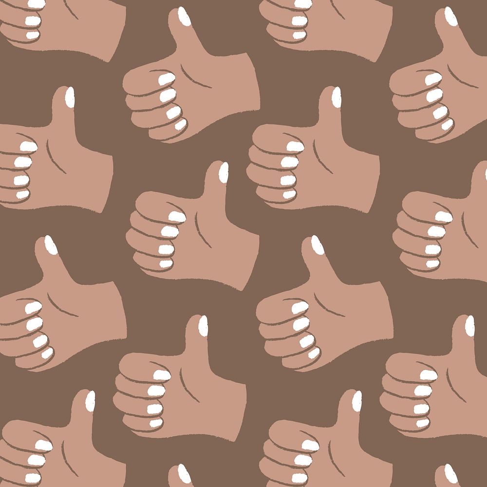 Thumbs up background, hand doodle pattern in brown vector