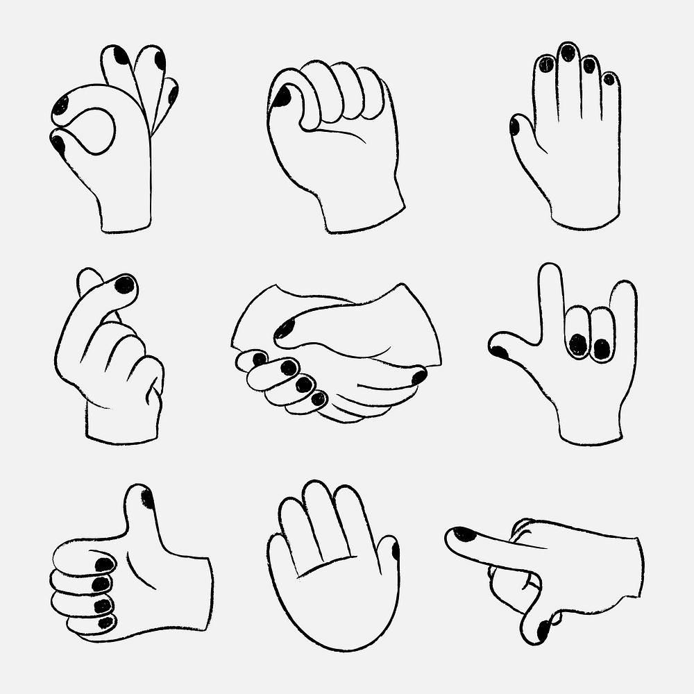 Hand gestures sticker set, black and white doodle vector