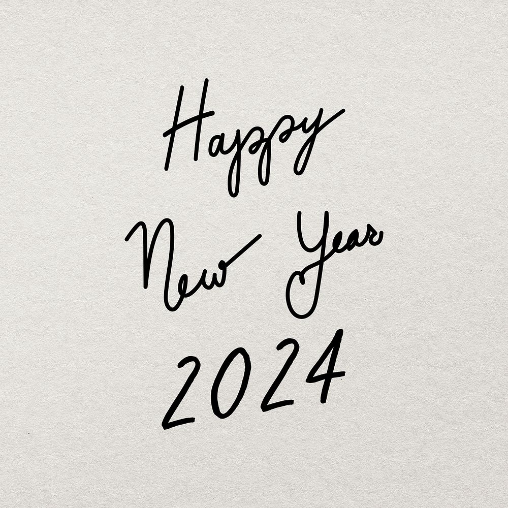 Happy New Year 2024 typography psd sticker, minimal ink hand drawn greeting