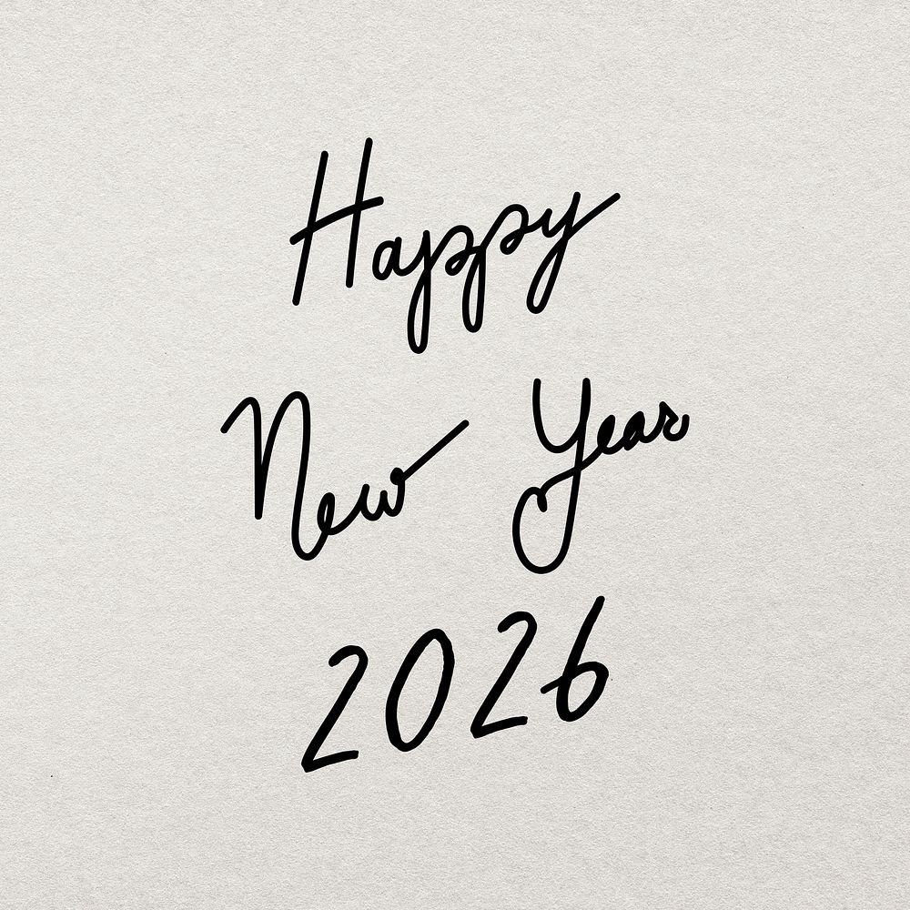 New Year 2026 typography psd sticker, minimal ink hand drawn greeting