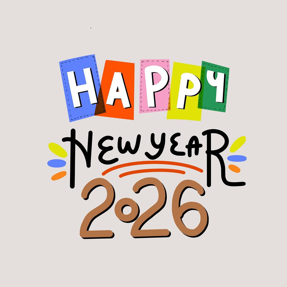 Happy New Year 2026 typography sticker psd, festive greeting