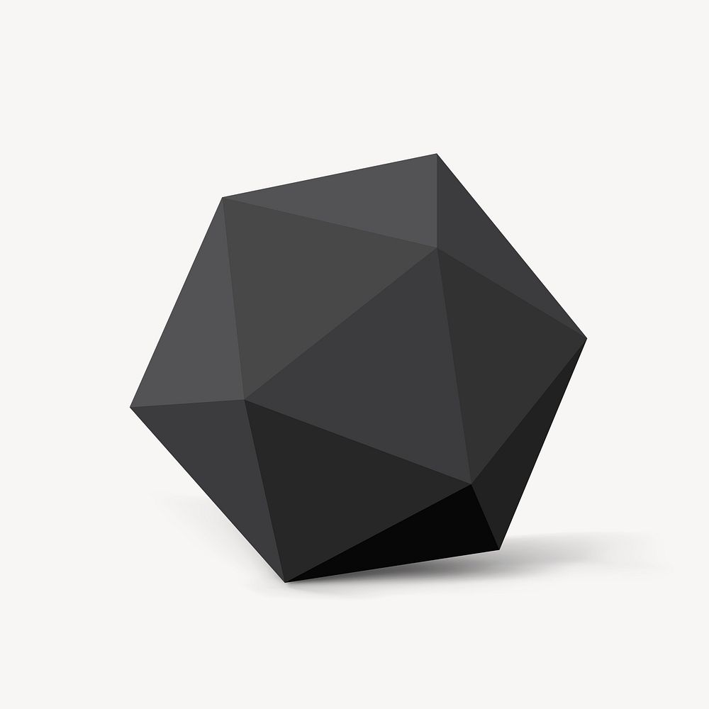 Geometric icosahedron shape, 3D rendering in black vector