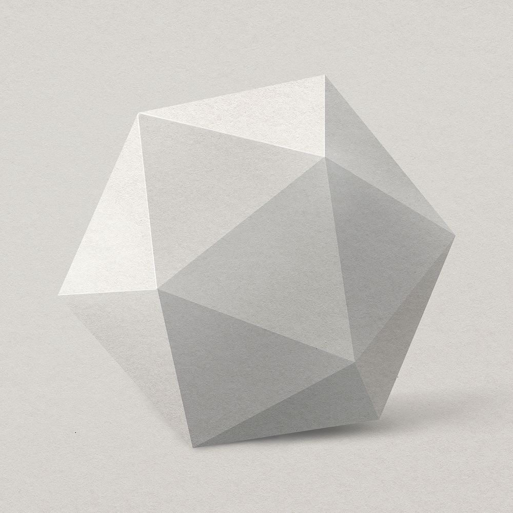 3D icosahedron element, geometrical shape in gray