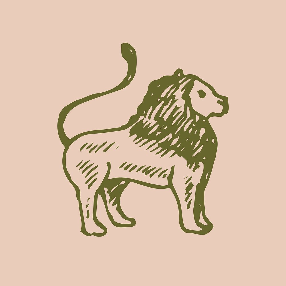Antique lion clipart, animal icon illustration in green