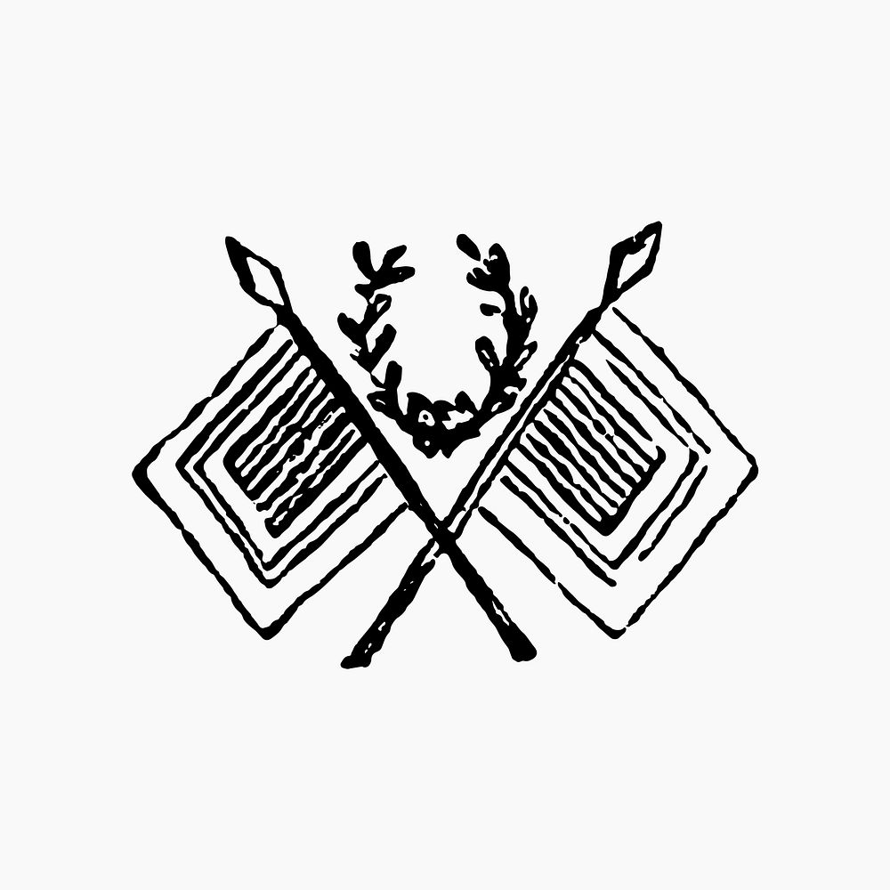 Medieval flag clipart, vintage laurel icon illustration in black