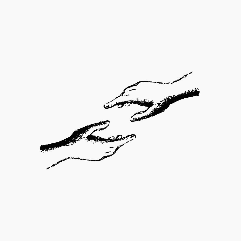 Helping hands sticker, vintage gesture illustration in black psd