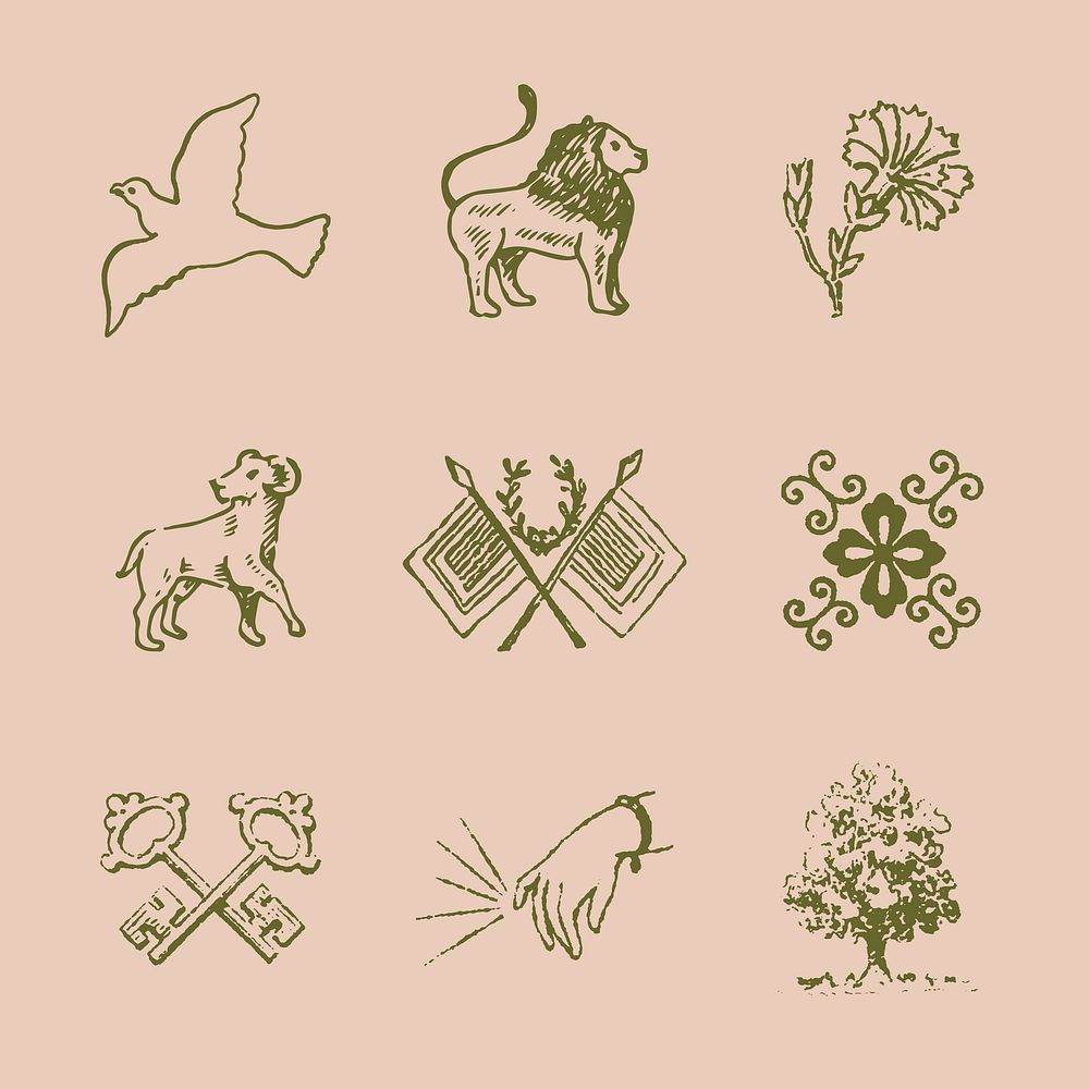 Vintage icon sticker, beautiful medieval art in green vector set