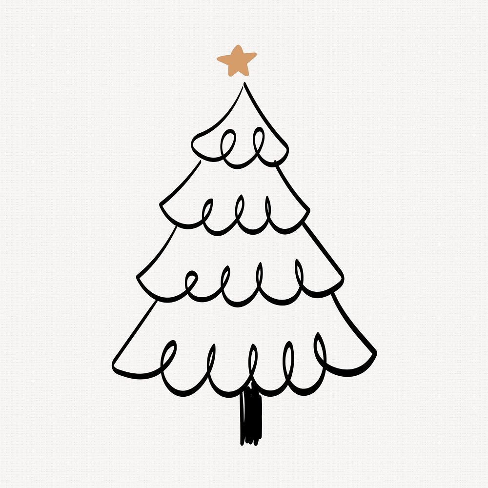 Christmas tree sticker, cute doodle illustration in black vector