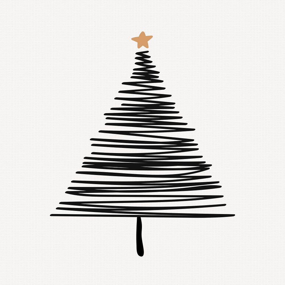 Christmas tree sticker, cute doodle illustration in black psd