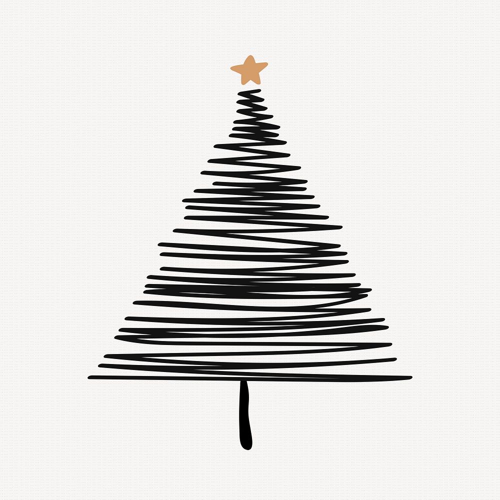 Christmas tree element, cute doodle illustration in black