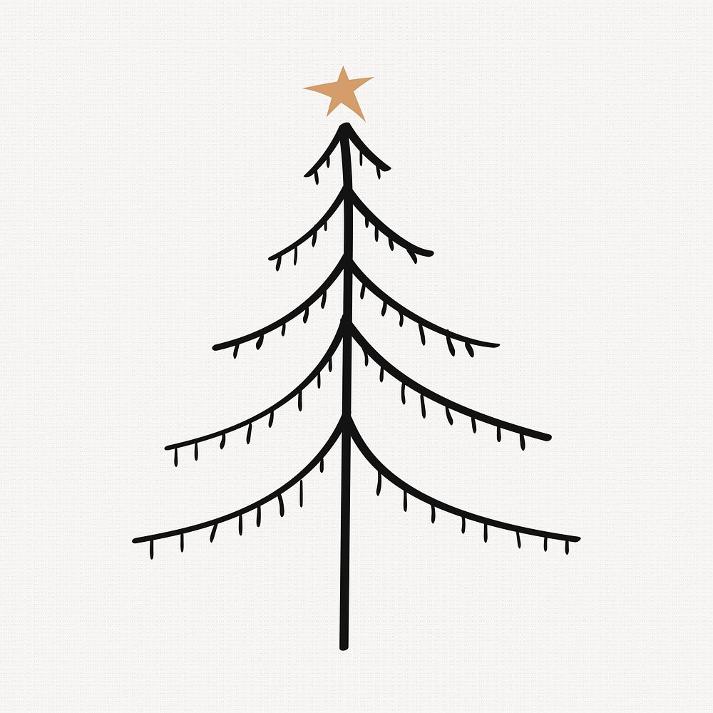 Cute Christmas tree collage element, hand drawn doodle in black psd