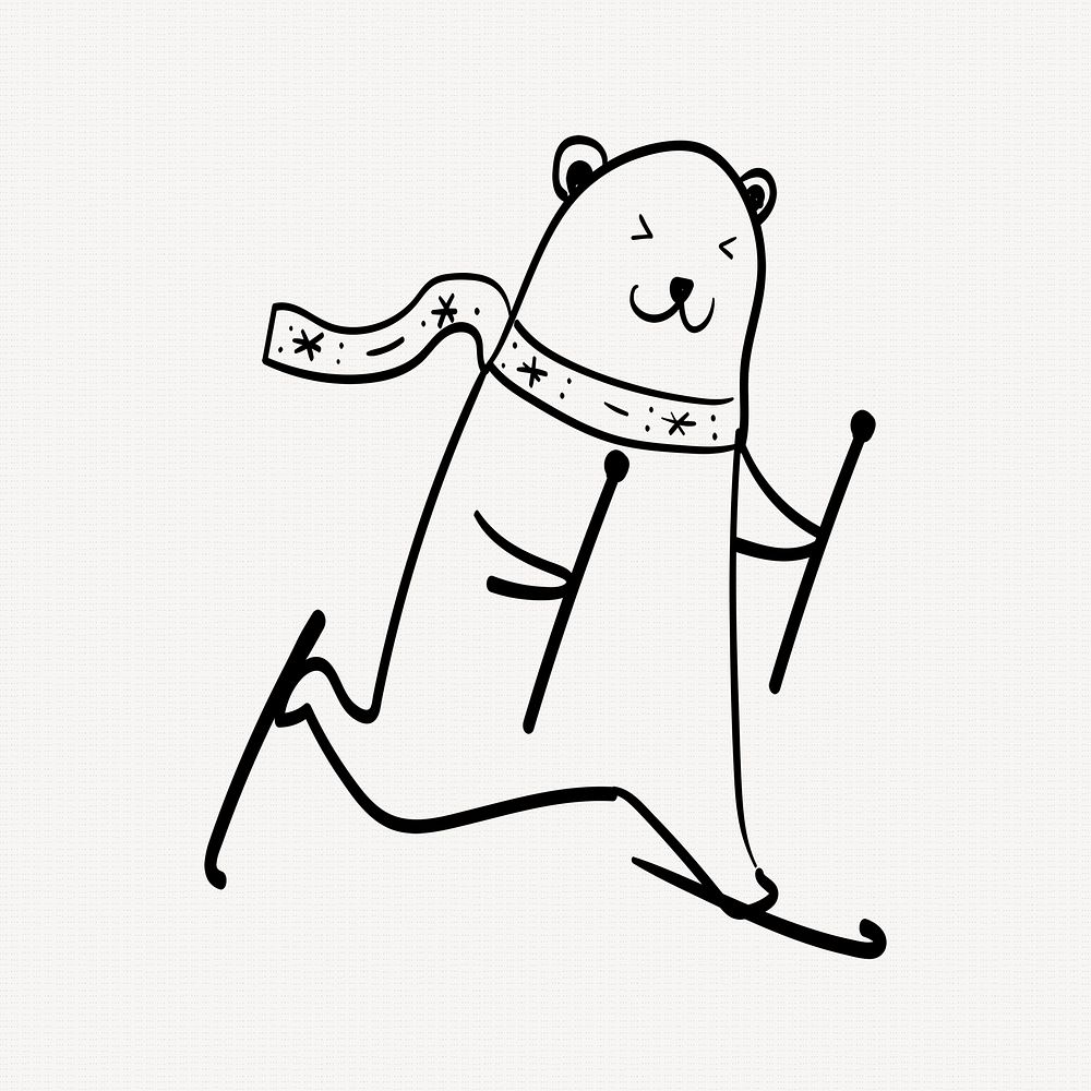 Polar bear sticker, cute snowboarding animal Christmas doodle in black psd