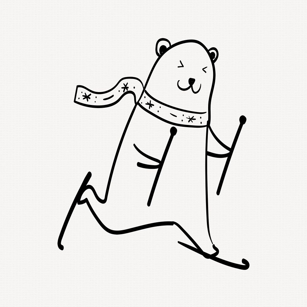 Polar bear sticker, cute snowboarding animal Christmas doodle in black vector
