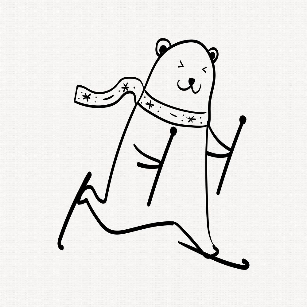 Polar bear element, cute snowboarding animal Christmas doodle in black
