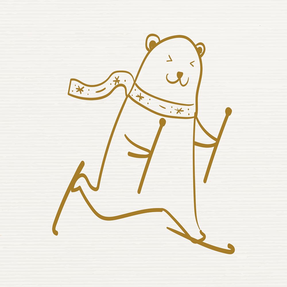 Polar bear sticker, cute snowboarding animal Christmas doodle in gold vector