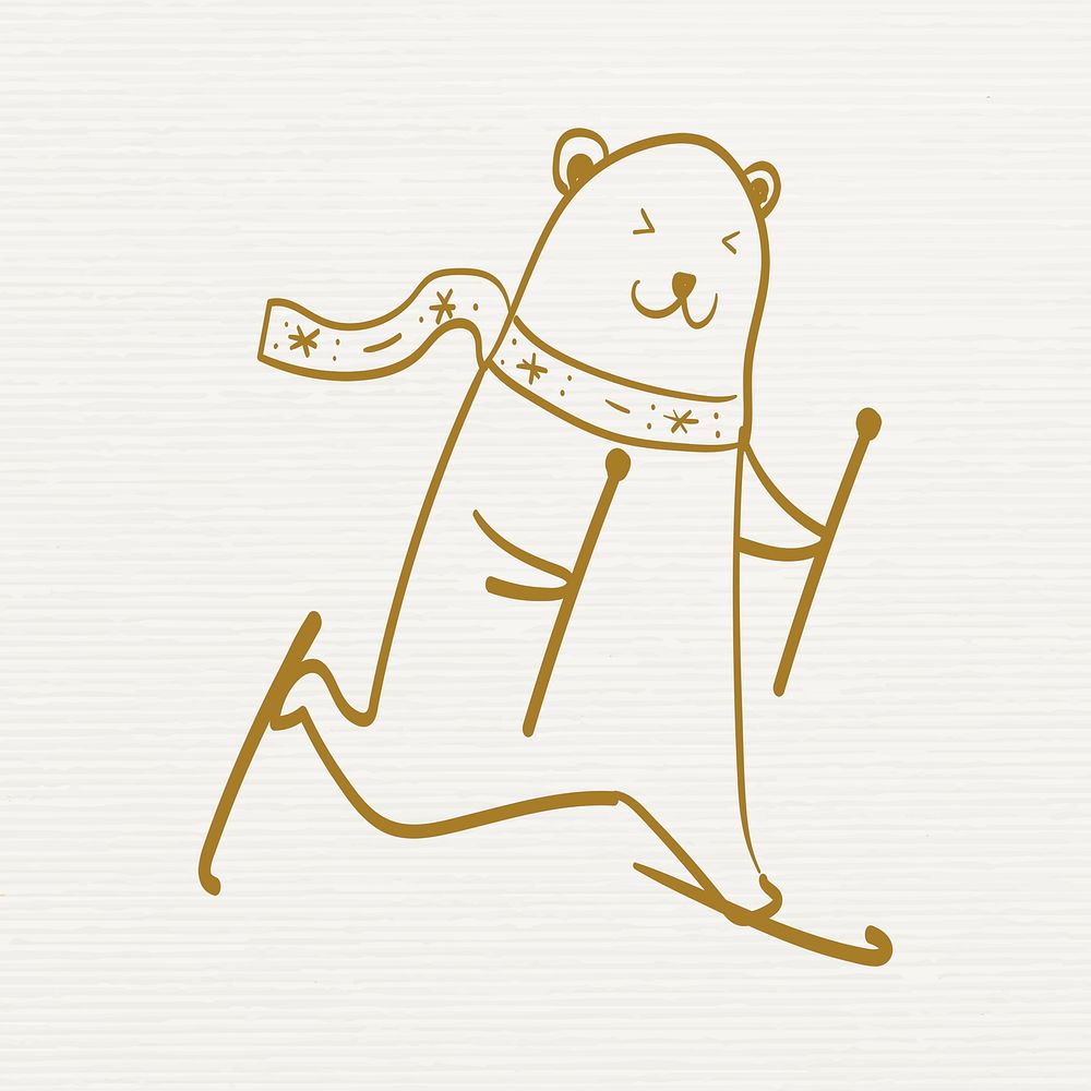 Polar bear element, cute snowboarding animal Christmas doodle in gold