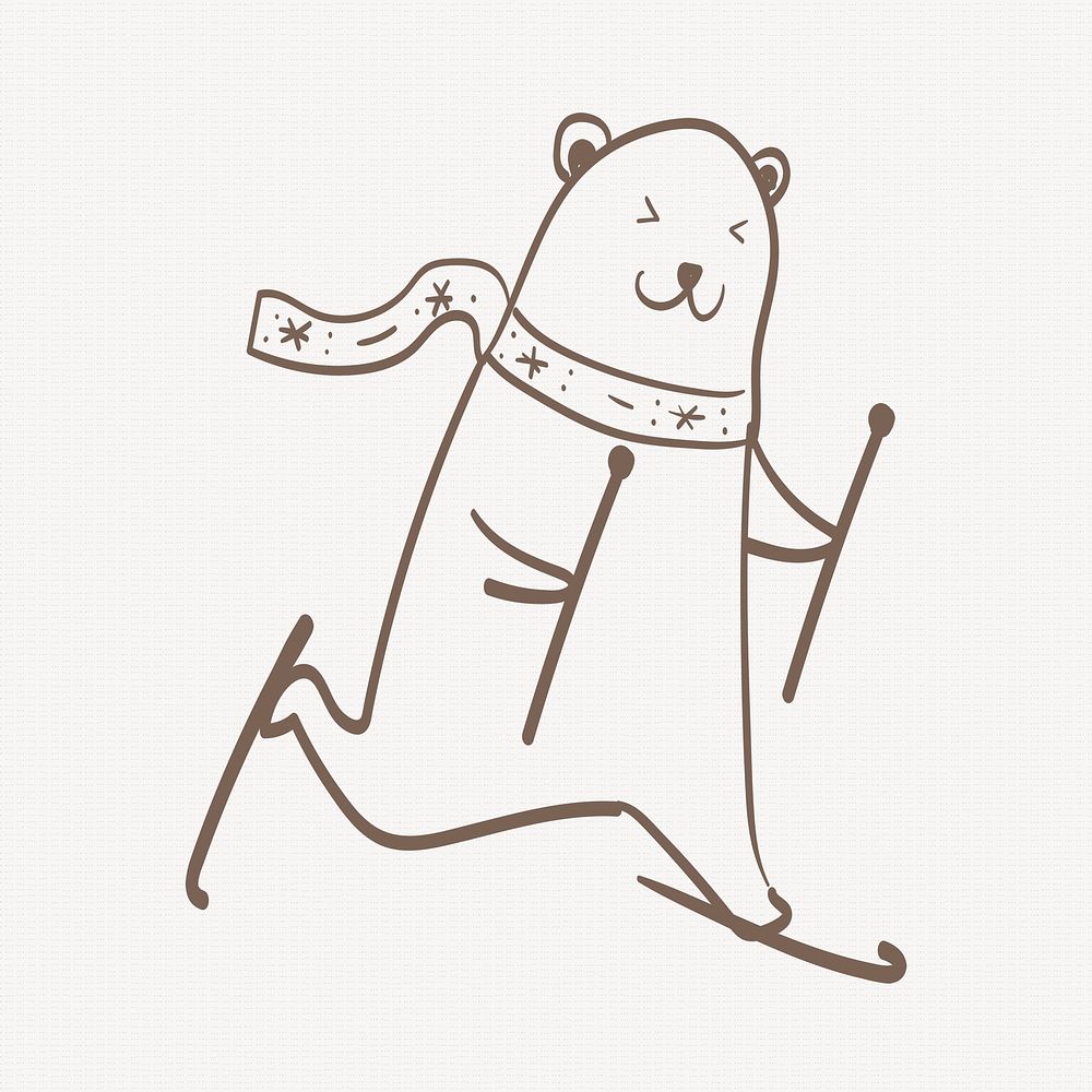 Polar bear element, cute snowboarding animal Christmas doodle in brown